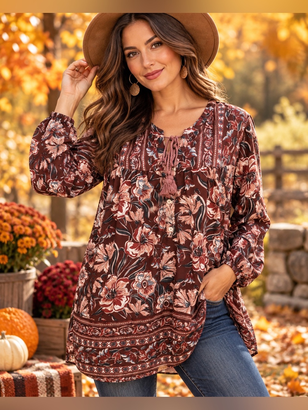 DR2 XL Brown Floral Boho Tassel Tie Tunic Blouse Long Sleeve Rust / Brown